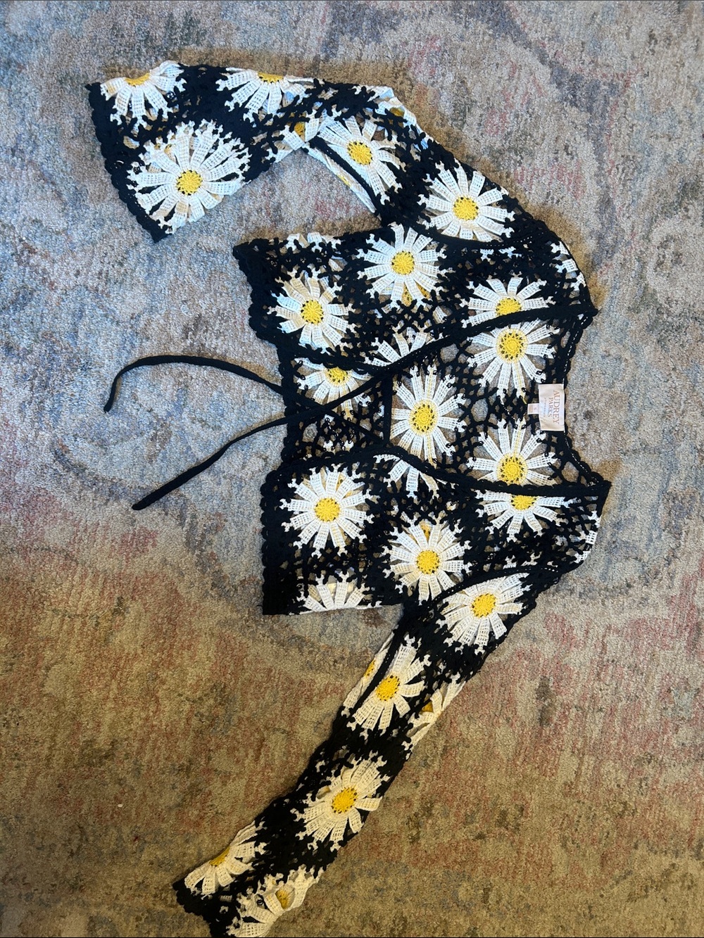 Crochet Daisy Tie-Front Robe - Black/White/Yellow